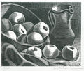 Άγγελος Θεοδωρόπουλος, Μήλα και καράφα, 1930, ξυλογραφία, 28,5 x 35,3 εκ.