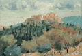 Ηλίας Δεκουλάκος, Η Ακρόπολη από τον λόφο του Φιλοπάππου με λιακάδα, 1992-1998, λάδι σε χαρτόνι, 19,6 x 28,6 εκ.