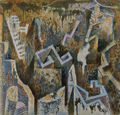 Nikos Hadjikyriakos-Ghika, Fences on the mountain and smoke, 1957, oil on wood, 50 x 52 cm