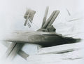 Σωτήρης Σόρογκας, Γκρεμισμένο σπίτι στο Πήλιο, 1984, ακρυλικό και κάρβουνο σε μουσαμά, έκτο μέρος οκτάπτυχου 150 x 200 εκ.