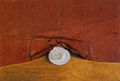 Christos Bokoros, A glass of water on a dish with red cloth, 1989, oil on wood, 68 x 100 cm