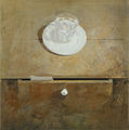 Χρήστος Μποκόρος, Ένα ποτήρι νερό σε πιάτο και συρτάρι, 1988, λάδι σε πανί, 46,5 x 46,5 εκ.