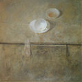 Χρήστος Μποκόρος, Ένα φλυτζάνι σε πιάτο με κούπα και συρτάρι, 1988, λάδι σε πανί, 57 x 56 εκ.