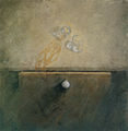 Christos Bokoros, Two small glasses and drawer, 1988, oil on canvas, 46.5 x 46.5 cm
