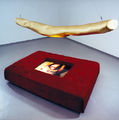 Leda Papaconstantinou, Pendulum, 1998, cedar wood, gold leaf, velvet, duratrans light, 180 x 116 x 150 cm