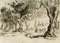 Nikolaos Ventouras, Olive trees and peasant, 1938, copper engraving, 12.5 x 17.3 cm