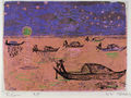 Zizi Makri, Nightime fishermen, 1956-58, colored woodcut, 17 x 22 cm