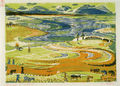 Zizi Makri, Rice field I, 1956-58, colored woodcut, 17 x 22 cm