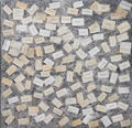 Κωστής (Τριανταφύλλου), Ποιός είναι ο τυχερός; στη σειρά "Παιχνίδια του τυχαίου", 1977, κάρβουνο και  κάρτες  επικολλημένες σε ξύλινη επιφάνεια, 120 x 120 εκ.