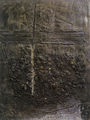 Costas Tsoclis, Da una chronaca, 1959, cement, charcoal and acrylics on burlap, 130 x 97 cm