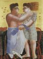 Alecos Fassianos, Adam and Eve, 1999, gold leaves and acrylic, 90 x 45 cm
