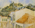 Ράλλης Κοψίδης, Η γειτονιά μου στο Κάστρο Λήμνου, 1944, σχέδιο με κραγιόνια, 15 x 18 εκ.