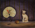 Yannis Migadis, Cat with fan, 1998, acrylic on cardboard, 50 x 70 cm