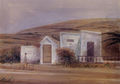 Γιάννης Μιγάδης, Σπίτι με πυκροδάφνες, 1990, ακρυλικό σε χαρτόνι, 50 x 75 εκ.