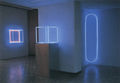 Stephen Antonakos, Installation shot at Allen Priebe Art Gallery, Wisconsin State University, Oshkosh, 1971. Left to right: "Blue Box off the Wall" 1970, Neon, 36"h x 36"w x 14.5"d, Collection: Carter Lord, Lakeland, FL. "The Blue Box" 1965, Neon, metal, 24"h x 24"w x 24"d (neon), 48"h x 24"w x 24"d (base), Collection: Egidio Marzona, Berlin/Vienna. "Blue Inside Corner Neon" 1971, Neon, 96" x 24"