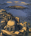 Γιώργος Βελισσαρίδης, Νησιά του Αιγαίου-Φηρά Σαντορίνης, έγχρωμη ξυλογραφία, 16 x 14 εκ.