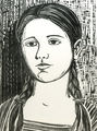 Takis Katsoulidis, Young girl with braids, 1958, woodcut