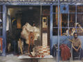 Kyriakos Katzourakis, Coffee house, 1976, acrylic on canvas, 122 x 202 cm