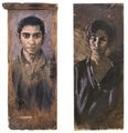 Κυριάκος Κατζουράκης, Μικρός Ινδός, 1992, λάδι σε ξύλο, 80 x 40 εκ., Κάτια στη Δόμπολη ΙΙ, 1989, λάδι σε ξύλο, 70 x 34 εκ.
