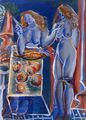 Γιώργος Νικολακόπουλος, Δείπνο δυο γυναικών, 1987, ακρυλικό και πλαστικό, 100 x 70 εκ.