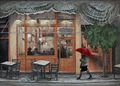 Δάφνη Αγγελίδου, Πορτοκαλί καφενείο, 2011, ακρυλικά σε καμβά, 100 x 140 εκ.