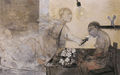 Ηώ Αγγελή, Ευαγγελισμός, 2001, μικτή τεχνική, 95 x 150 εκ.