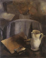 Koula Bekiari, White vase and palette, 1970, oil on cardboard, 66 x 54 cm