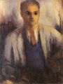 Koula Bekiari, Portrait of Emmanuel Vekris (Man in blue sweater), 1949-50/57, oil on cardboard, 86 x 69 cm