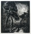 Koula Bekiari, Rain in the woods, 1950, woodcut, 22.3 x 19.8 cm