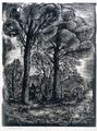 Koula Bekiari, Forest with a priest, 1950, woodcut, 26.9 x 20.5 cm