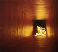 Stergios Stamos, Paradise (detail), 2004, installation, aluminium, writing on PC, wood, gold sheet, neon, mirror, 220 x 250 x 80 cm. Text: views of five religions on the afterlife (Christianity, Islam, Buddhism, Hinduism, Ecumenism)
