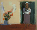 Dimosthenis Kokkinidis, By the door, 1957, egg tempera on paper, 42 x 51 cm