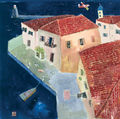 Christos Kechagioglou, Roofs of the harbour, 2000, acrylics, pencils and collage on canvas, 100 x 100 cm