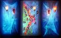 Έφη Χαλυβοπούλου, Tissues I, II, III 2002, εγκατάσταση, ακρυλικό χρώμα, φωτογραφίες, φως, καλώδια, 240 x 330 x 60 εκ.