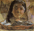 Μαρία Γιαννακάκη, Κορίτσι με πανέρι με ψάρια, 1991,μικτή τεχνική σε μετάξι, 33 x 35 εκ.
