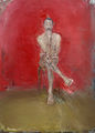 Χρόνης Μπότσογλου, Καθισμένος άντρας σε κόκκινο χώρο, 1984, λάδι, 180 x 130 εκ.
