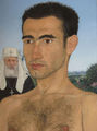 Emmanouil Bitsakis, Untitled (portrait of a Serbian theology student with Serbia΄s patriarch in the background), 2008, oil on canvas, 33 x 21 cm