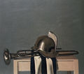Lefteris Kanakakis, Mournful helmet, trumpet, flag, 1972, oil