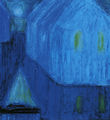 Σίλεια Δασκοπούλου, Μπλε σπίτια που καθρεφτίζονται στο νερό, 1962, ελαιογραφία, 70 x 65 εκ.