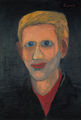 Σίλεια Δασκοπούλου, Ξανθός κύριος με κόκκινο κασκόλ, 1985, ελαιογραφία, 92 x 63 εκ.