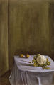 Dikos Byzantios, Cauliflower and fruit, 1980, oil on paper pasted on canvas, 120 x 80 cm